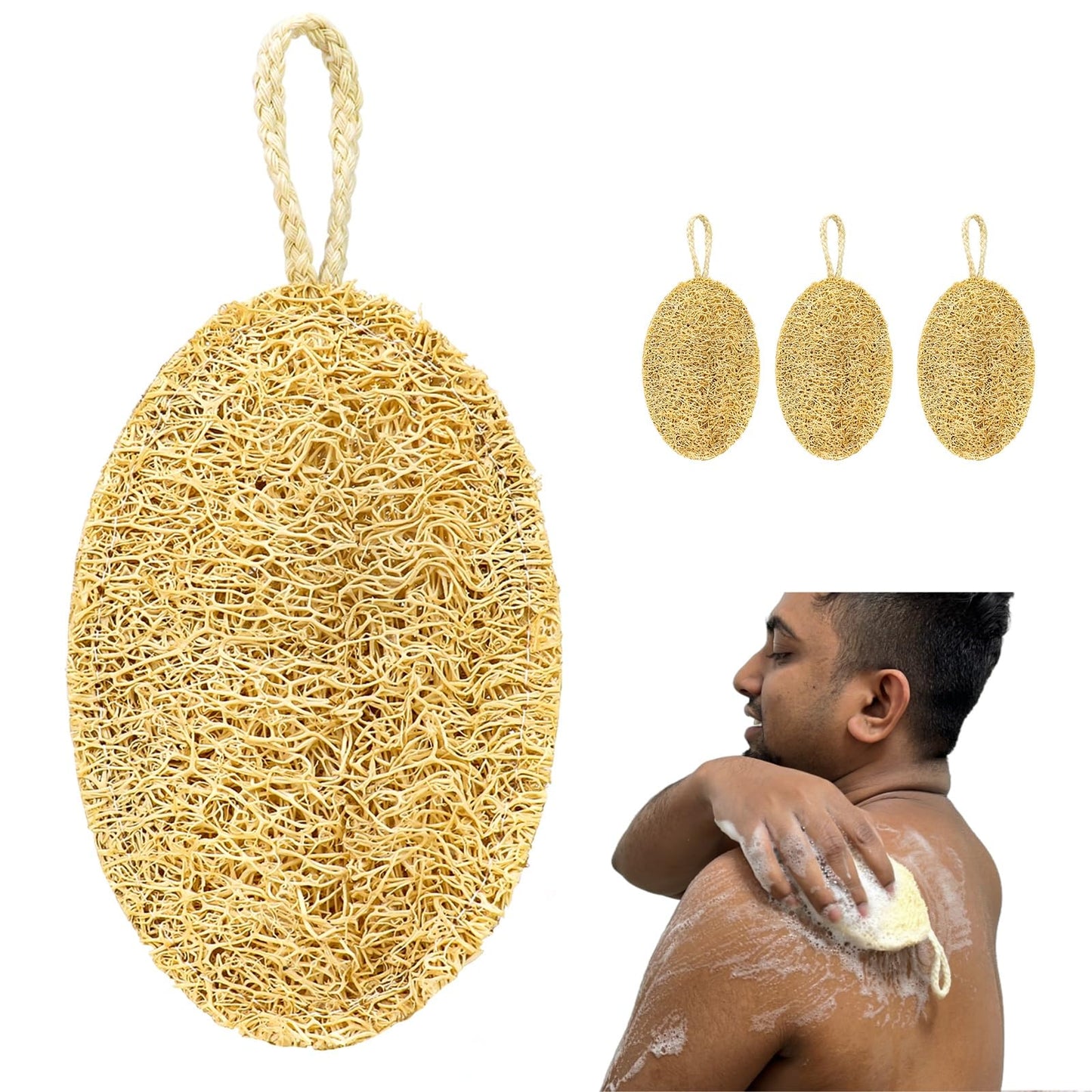 FRTIM 3Pcs Natural Loofah Exfoliating Body Scrubber,Shower Loofah for Back and Face Skin, Back Scrubber for Men Wowen,Scrub Sponges Biodegradable Eco Friendly Sponges, Non-Scratch-Oval