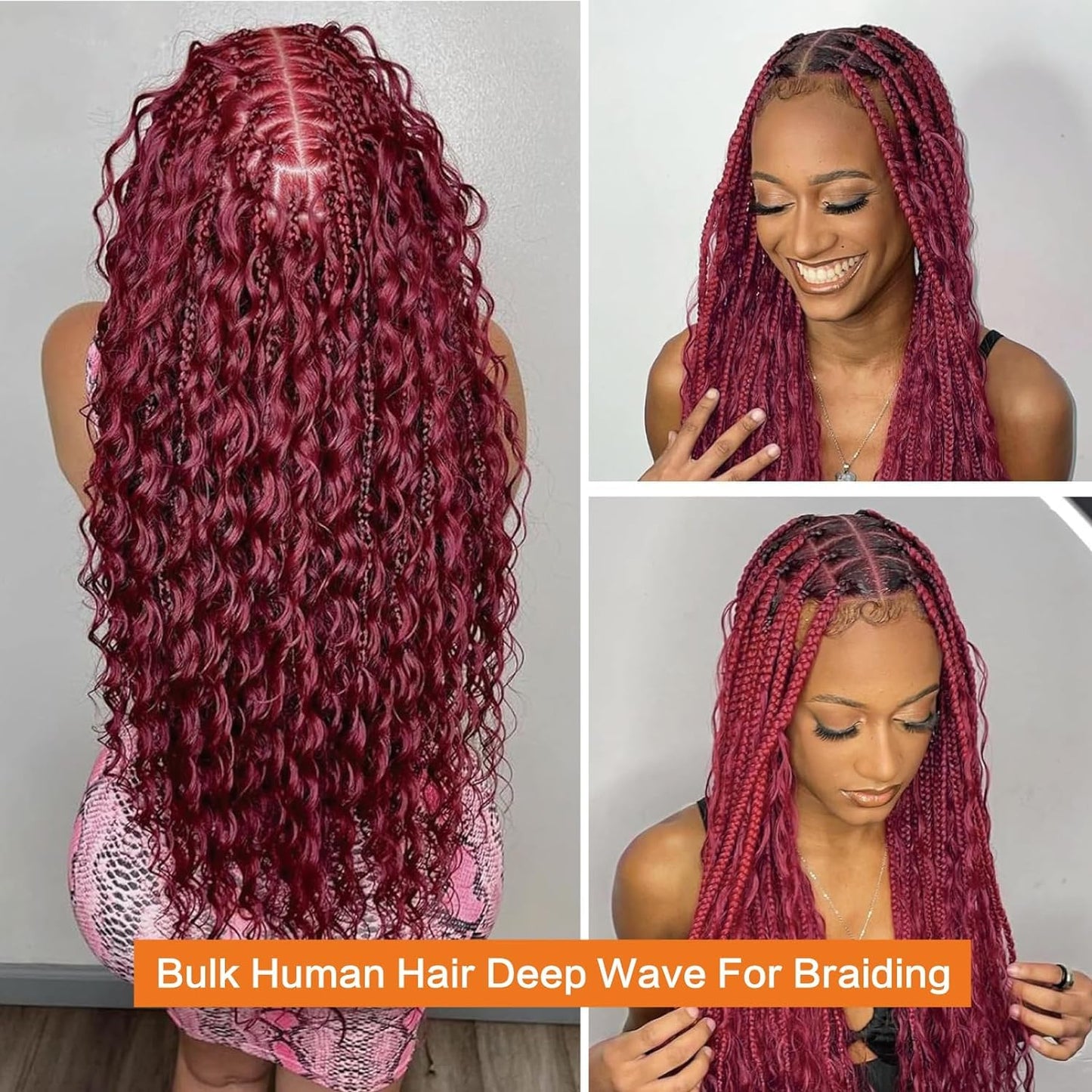 Fabimiya Burgundy Braiding Human Hair 100g 18 Inch 99J Burgundy Deep Water Wave Bulk Human Hair for Braiding No Weft Brazilian Virgin Curly Human Hair Extensions for Boho Braids