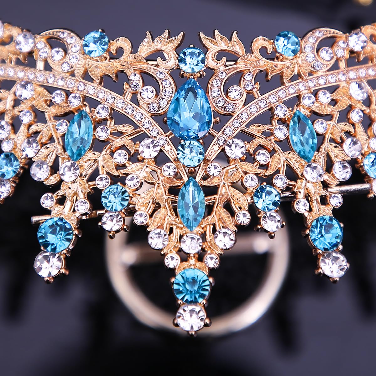 Kamirola Tiara for Women, Crystal Queen Crowns, Rhinestone Princess Tiaras, Royal Hair Accessories Perfect for Birthday,Prom,Decorations, Wedding Brides, and Halloween (Gold & Skyblue)