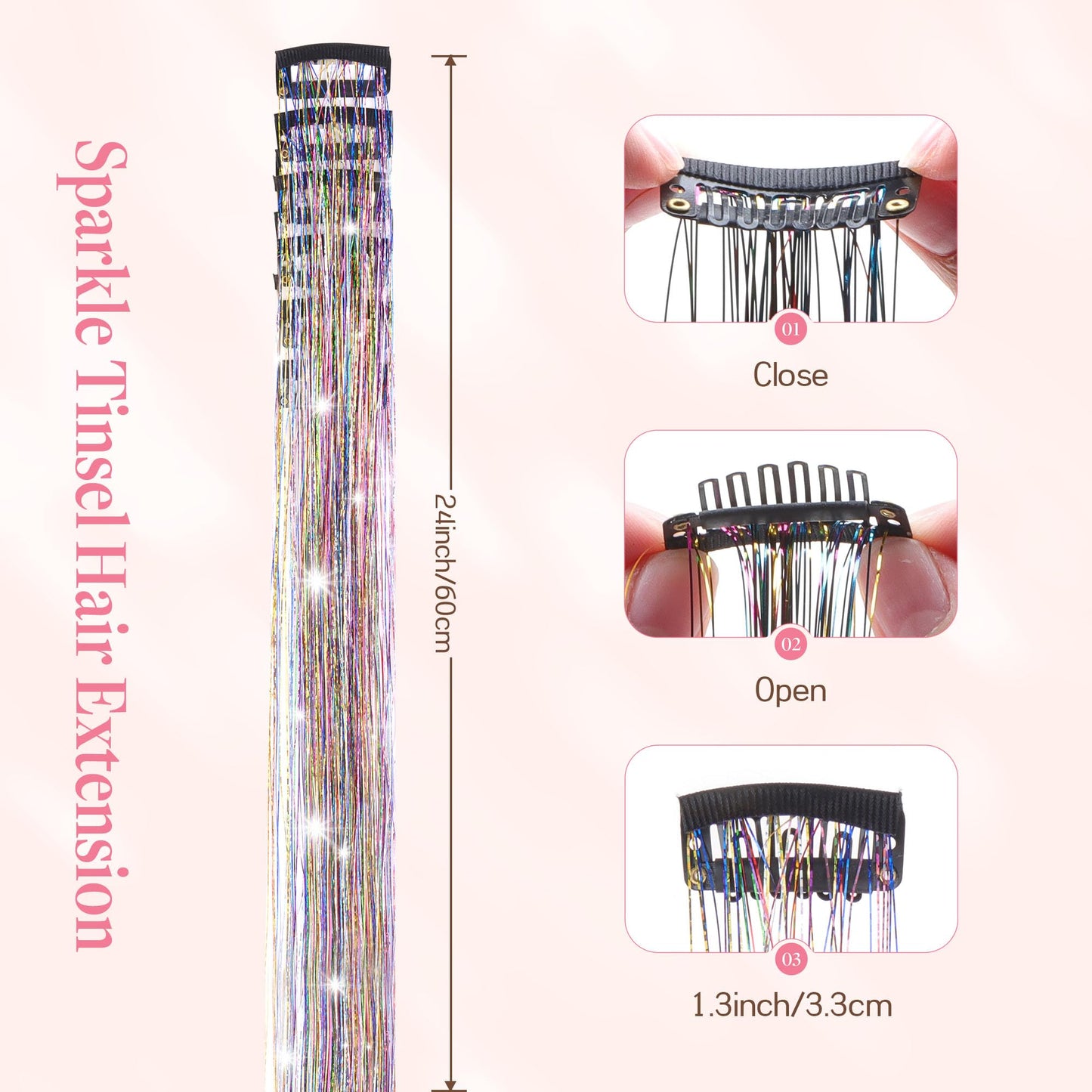 GOO GOO Clip in Hair Tinsel 24 Inch-6pcs Rainbow 7 Mixed Colors Fairy Glitter, Heat Resistant Clip-In Sparkle Strands, Dazzling Glitter Tinsel for Women & Girls, Perfect for Parties, Christmas
