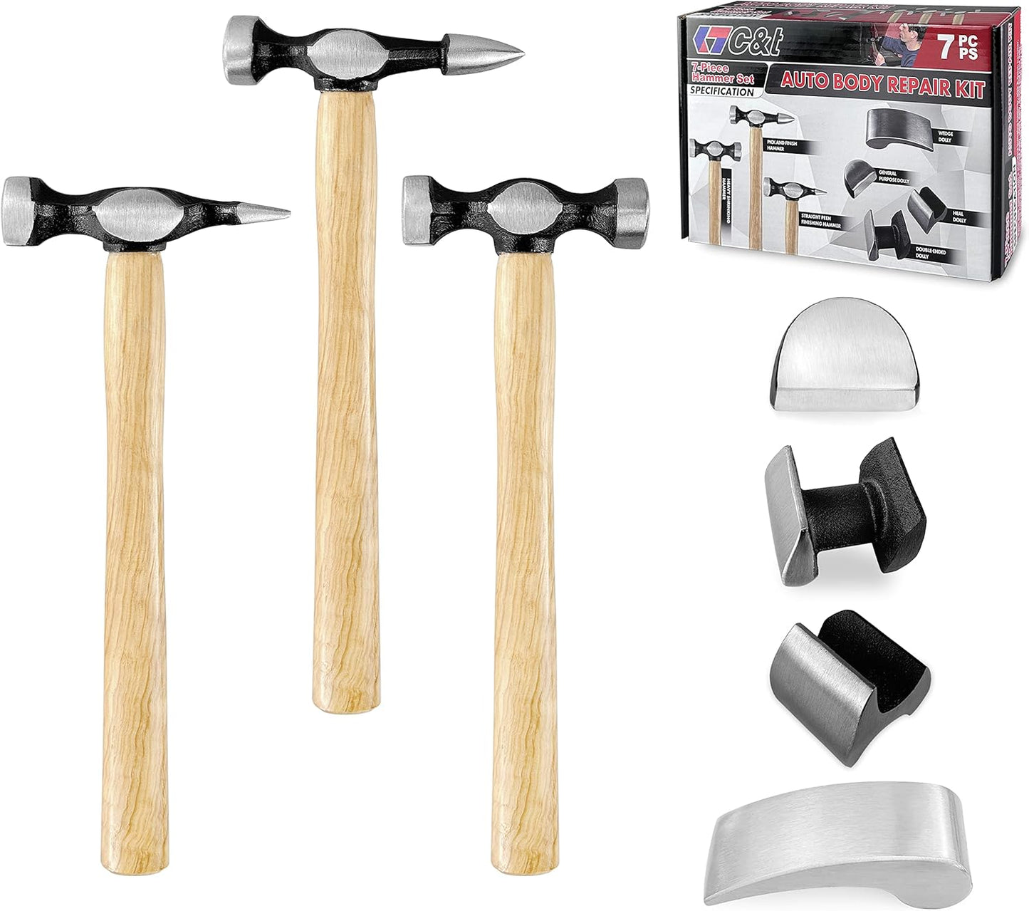 C&T Auto Body Repair Tool Kit,7 Piece,Car Body Repair Tool Kit, Carbon Steel Dolly and Hammer Dent Body Fender Tool Set