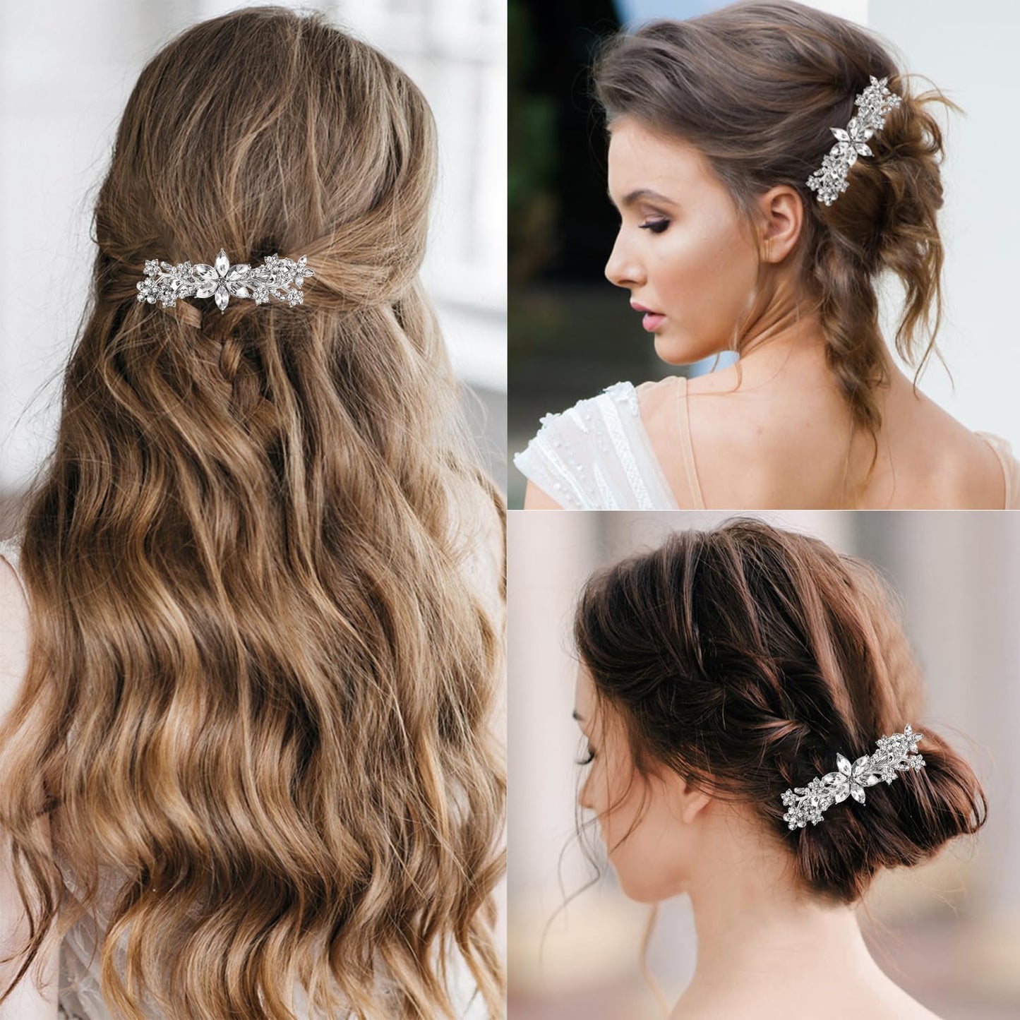 Crystal Hair Barrettes, White Rhinestone Flower Hairpins Hair Clips, Sparkly Austrian Hairgrip Hair Headwear Accessories for Women Girls