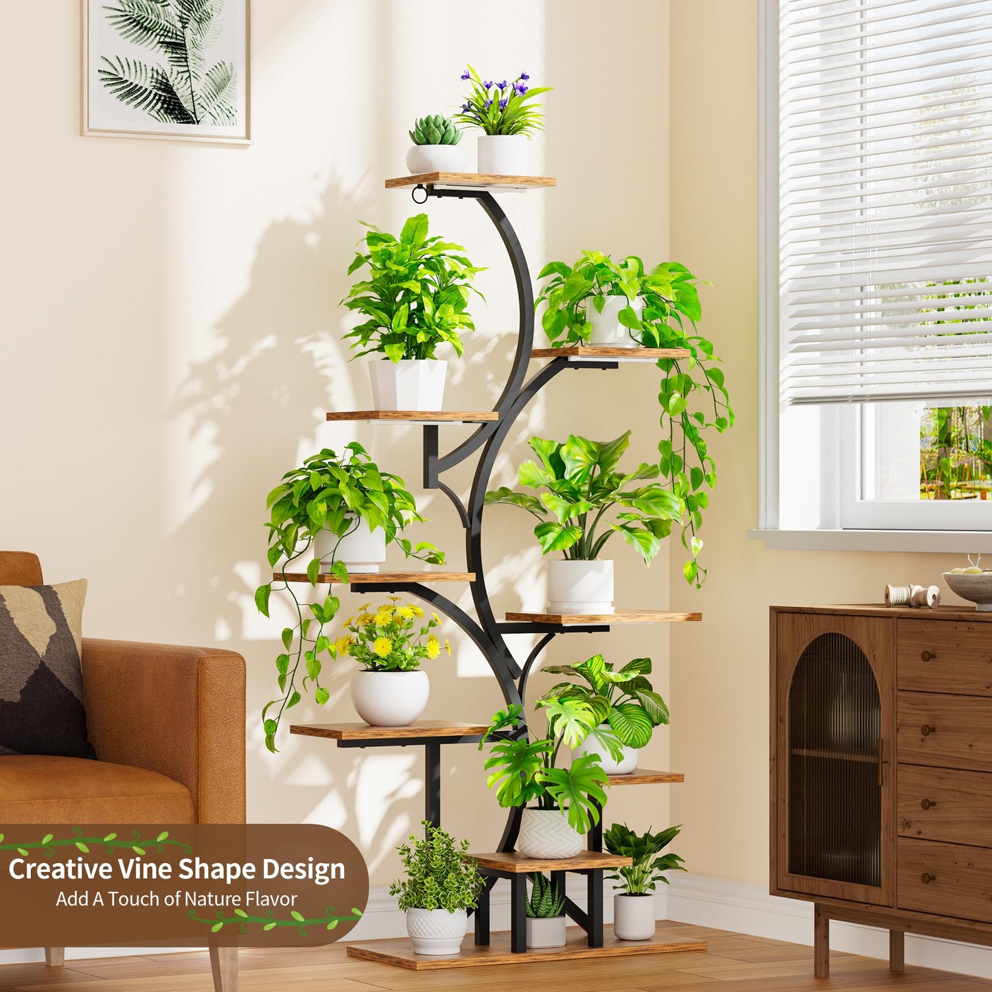 Plant Stand Indoor with Grow Light: Lighted Plant Stands 54.6" Tall, 9 Tiered Large Plant Shelf for Indoor Growing, S-Shaped Flower Holder Display for Multiple Plants, Living Room, Patio (Black)