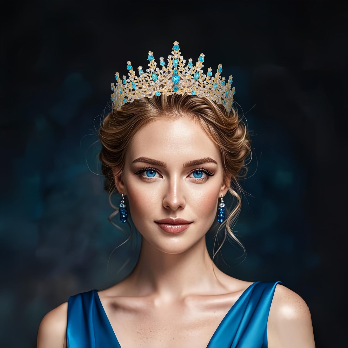 Kamirola Tiara for Women, Crystal Queen Crowns, Rhinestone Princess Tiaras, Royal Hair Accessories Perfect for Birthday,Prom,Decorations, Wedding Brides, and Halloween (Gold & Skyblue)