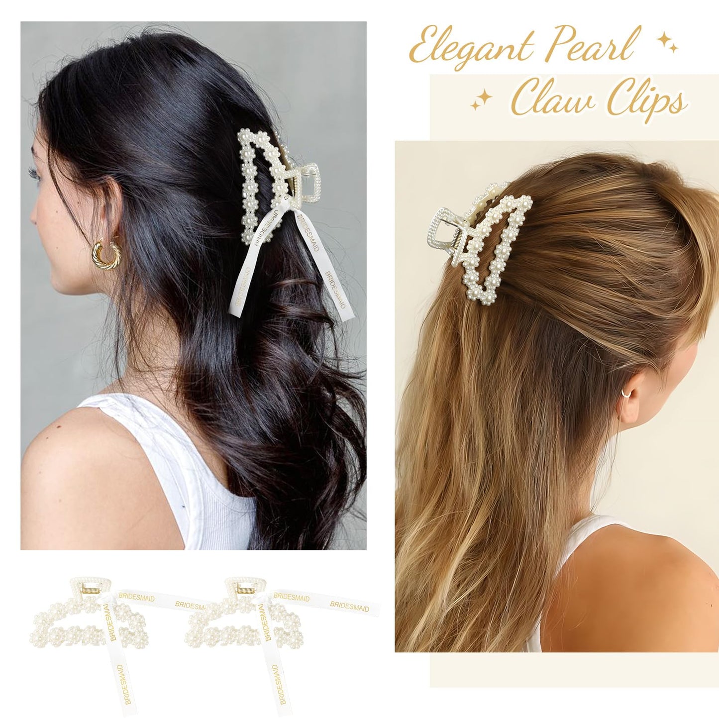 DEEKA Bridesmaid Proposal Gifts 6 Pack Pearl Bridesmaid Hair Claw Clips with Ribbon 3 Inch Hair Clips Bachelorette Party Favors Bridal Party Present Hair Accessories (Half Circle)