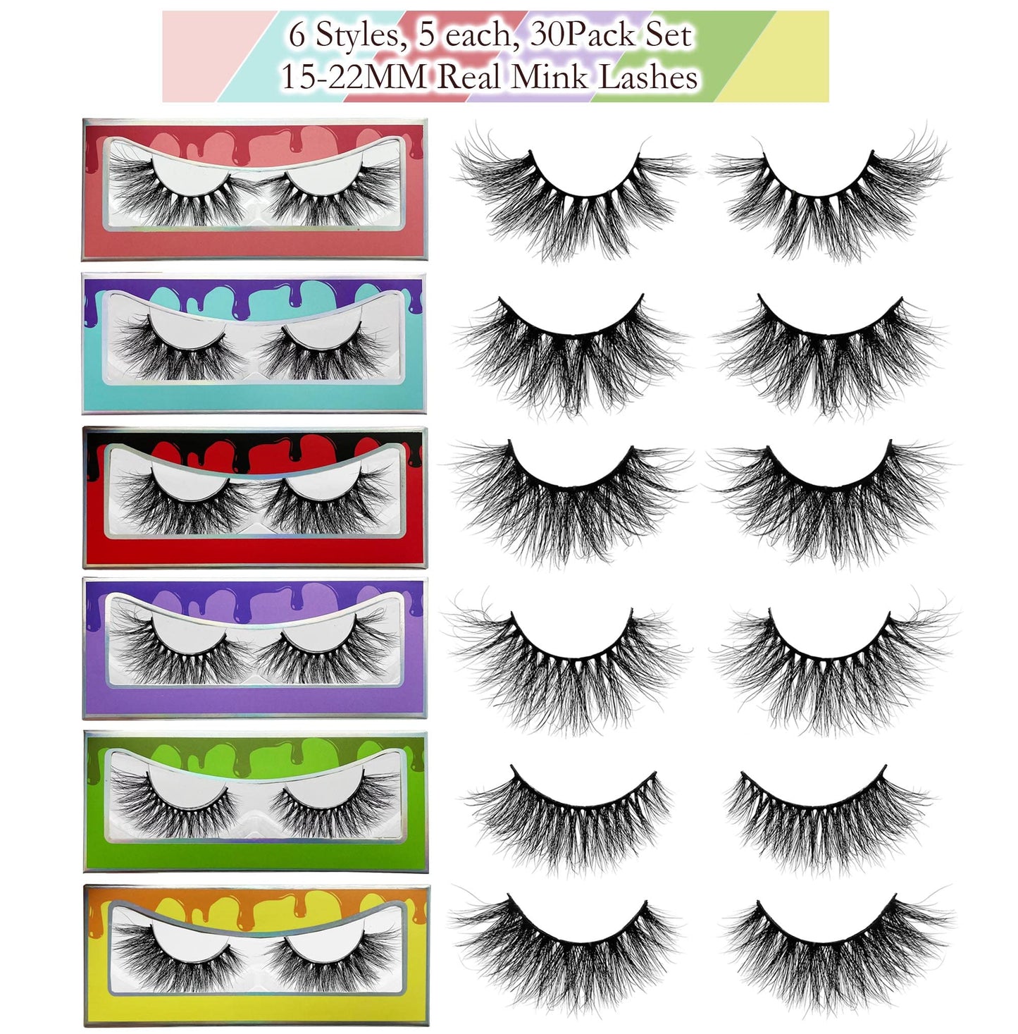 Mink Lashes Bulk Ninglash 30 Pack 6 Styles Eyelashes, 15-22mm Real Mink EyeLashes, Thick HandMade Full Strip Lashes, Crueltyl Free Fluffy Lash, 30 Pairs 5D Mink Lashes wholesale