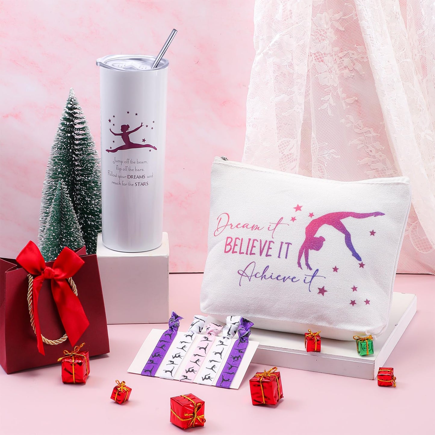 Junkin 3 Pcs Christmas Gymnastics Gifts for Women Include Stainless Steel Tumbler with Straw Makeup Bag Elastics Hair Ties for Gymnastics Lover(Purple)
