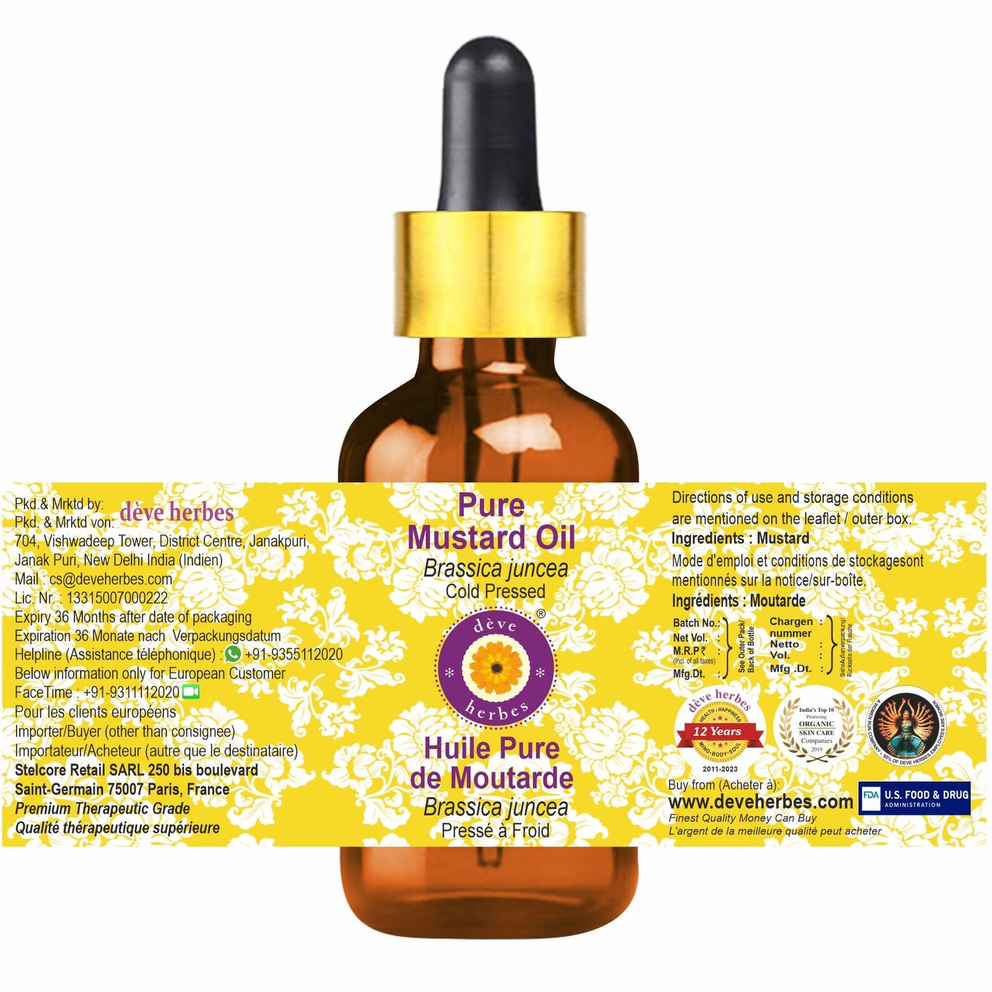 Deve Herbes Pure Mustard Oil (Brassica juncea) with Glass Dropper Cold Pressed 30ml (1 oz)