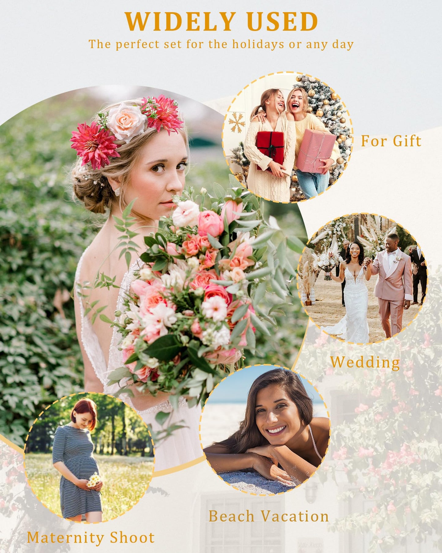 CHLINS Flower Crown Bridal Flower Headbands for Women Bohemian Floral Crown with Ribbon Hair Wreath Floral Headpiece for Wedding Birthday Party Fairy Crown (Champagne + Orange)