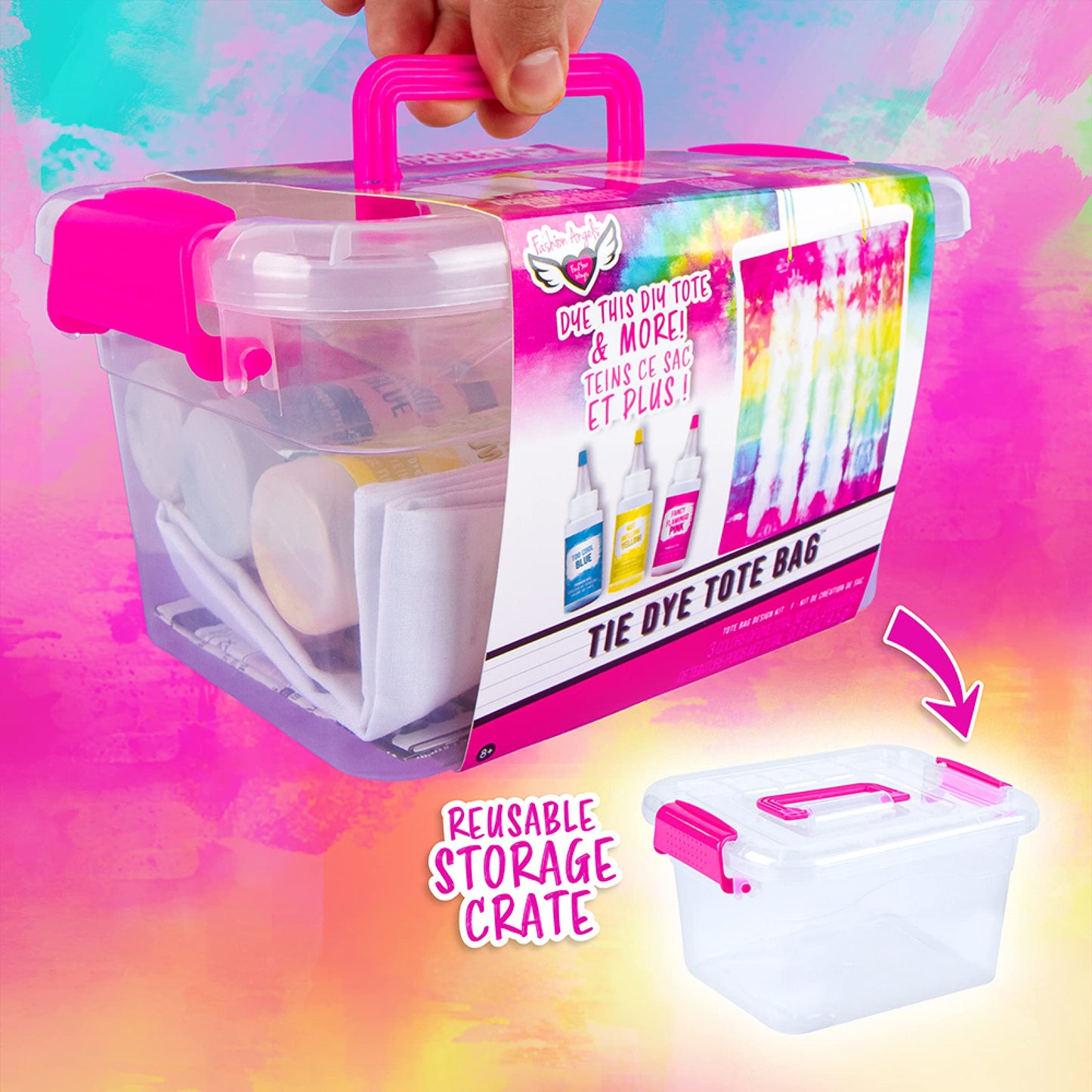 Fashion Angels Tie Dye Kit- Tote Bag Tie Dye Set (12639), Includes Storage Bin, Non Toxic Dyes, Complete Set with Tote Bag, Gloves, Elastic Bands, and Storage Bin, for Kids Ages 8 and Up
