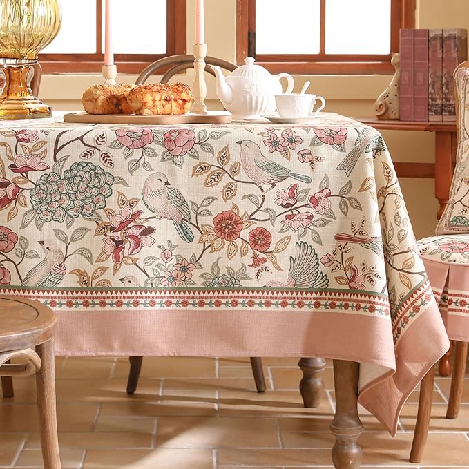patdrea Designer Pink Linen Table Cloth for Sqaure Table,French Tablecloth with Birds Pattern,Small Colorful Decoration Cover for Kitchen Dining,Christmas,Party,Thanksgiving,67"x67"-Kulom a