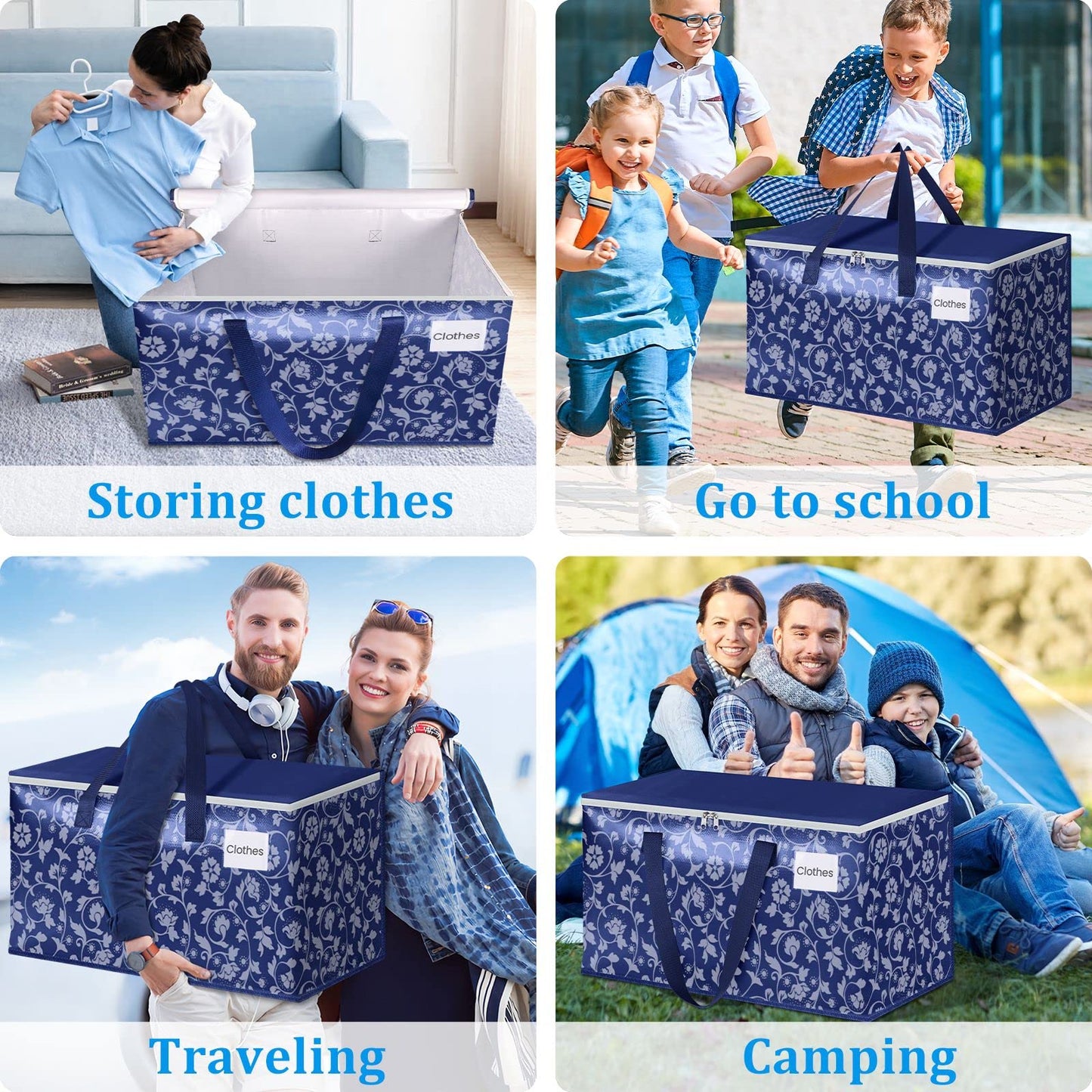 HomeHacks Moving Bags, Extra Large Size Moving Boxes, Heavy Duty Luggage Bags with Smooth Zipper and Sturdy Handles, Large Capacity & Easy Loading Storage Totes for Space Saver 88L, 4-Pack, Blue