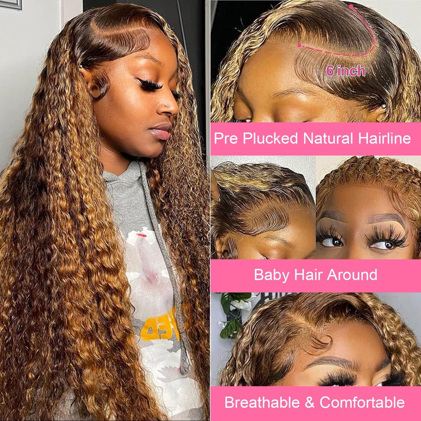 Smilenice 13x6 Highlight Ombre Deep Wave Lace Front Wigs Human Hair Pre Plucked 220% Density 4/27 Colored Honey Blonde Curly Human Hair Wig Glueless HD Transparent Lace Front Wigs for Women 16 Inch