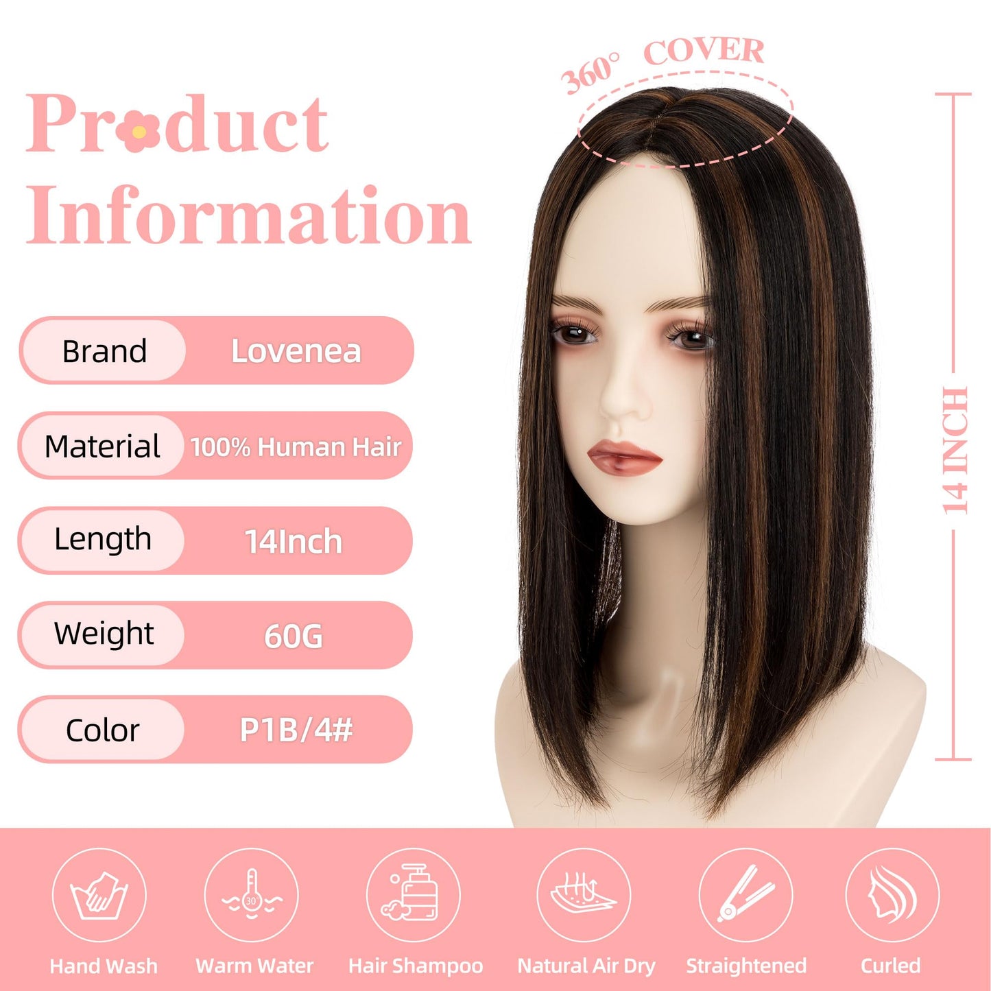 Lovenea Hair Toppers for Women Real Human Hair 14 inch Straight Human Hair Toppers with No Bangs 13X13 cm Skin Scalp Base for Thinning Hair Top Hair Pieces Remy Hair Topper (P1B/4#, 14 Inch)