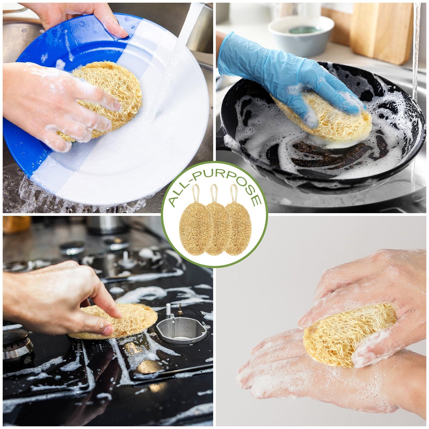 FRTIM 3Pcs Natural Loofah Exfoliating Body Scrubber,Shower Loofah for Back and Face Skin, Back Scrubber for Men Wowen,Scrub Sponges Biodegradable Eco Friendly Sponges, Non-Scratch-Oval
