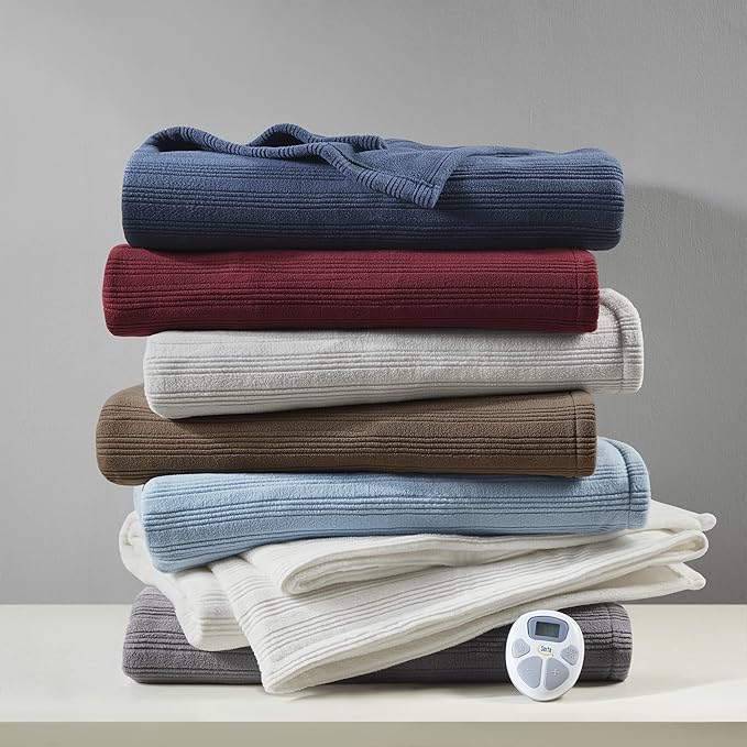 Serta Travis Fleece Ultra Soft Tri-Rib Textured Electric Blanket, Cozy and Snuggly Cover Fast Heating for Cold Weather, Auto Shut Off, Multi Heat Setting Controller, Twin, Pumice Stone Grey
