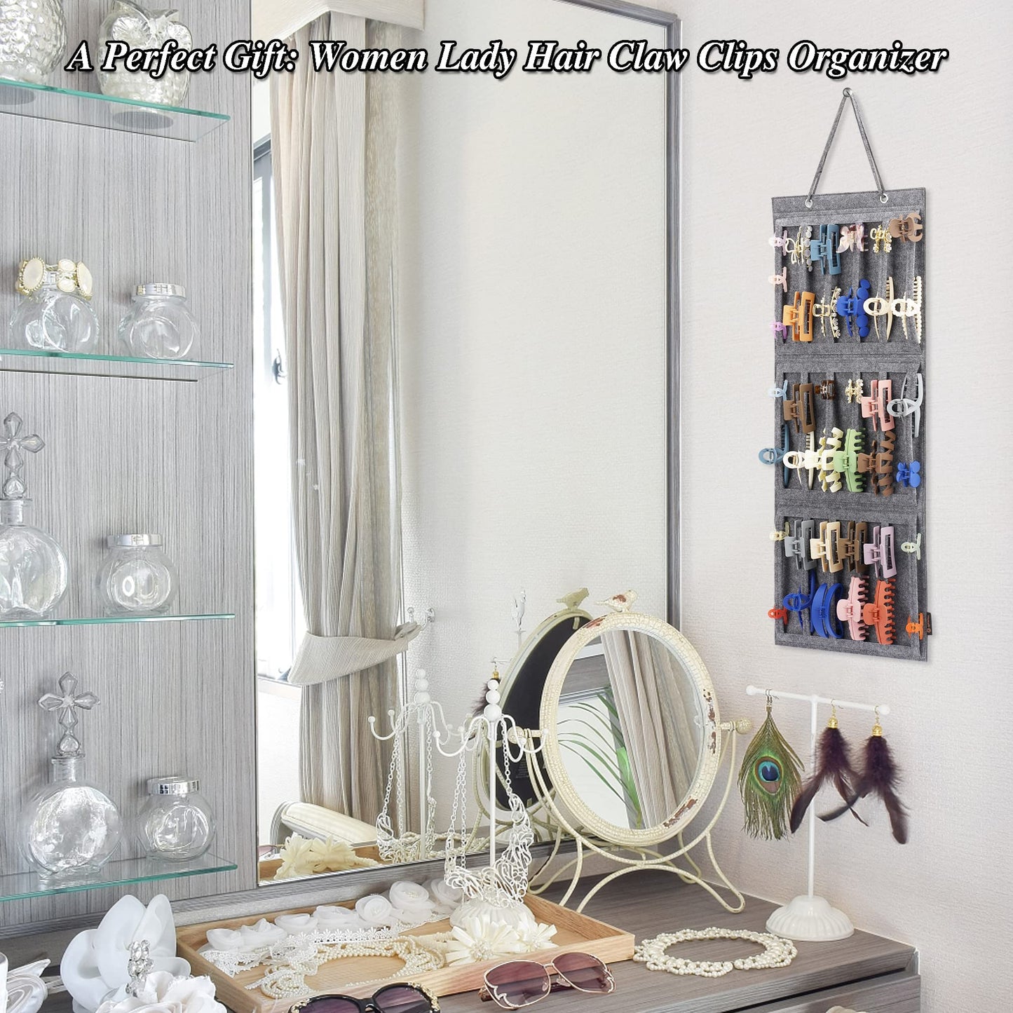 Hanging Hair Claw Clips Holder for Women, Claw Hair Clips Storage Organizer for Lady, Hair Banana Barrettes and Butterfly Jaw Clips Display Stand Holder. (Light grey)