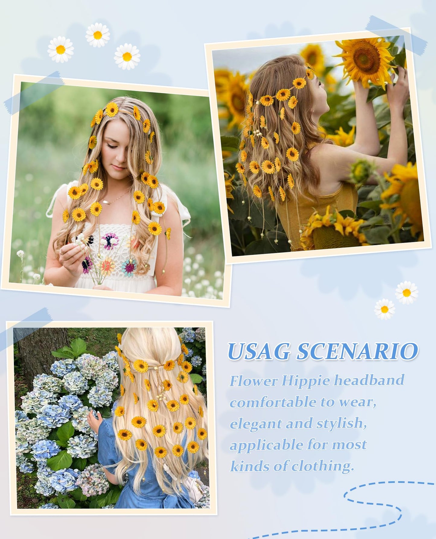 CHLINS Hippie Headband Flower Crown Bohemian Sunflower Headband Flower Headpiece Hippie Costume 60s 70s Outfits for Women (Yellow)