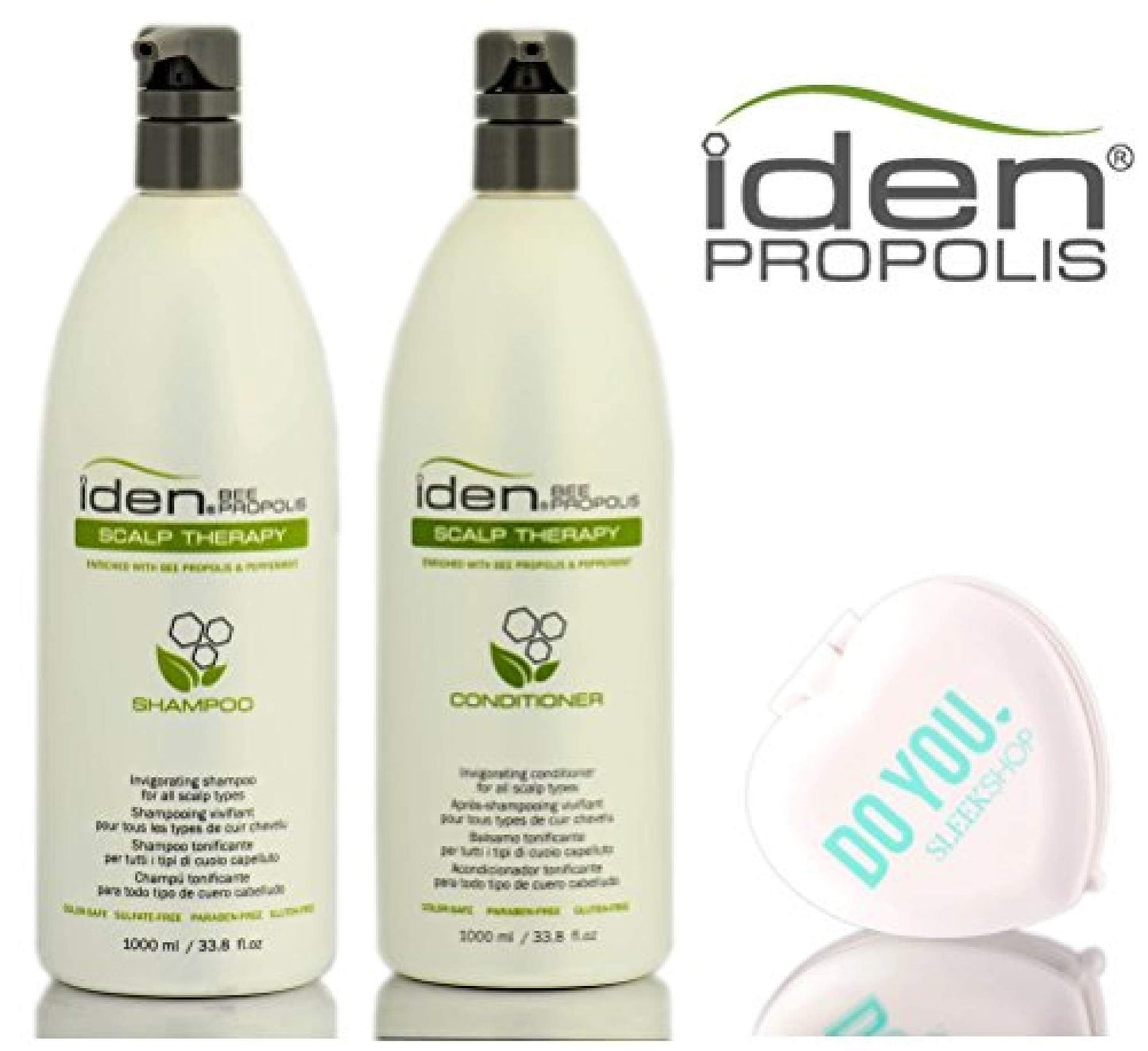 Iden Bee Propolis SCALP THERAPY Shampoo & Conditioner DUO Set (with Sleek Compact Mirror) (33.8 oz/1000ml - Large Liter DUO Kit)