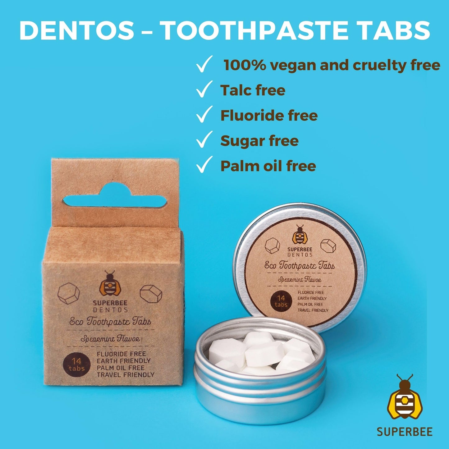 SuperBee Dentos Toothpaste Tablets, 14 Toothpaste Tabs, Fluoride Free & Eco Friendly, Travel Mouthwash Tablets, Sensitive Toothpaste Bites Kids Adults, Chewable Toothpaste Tablet, Spearmint