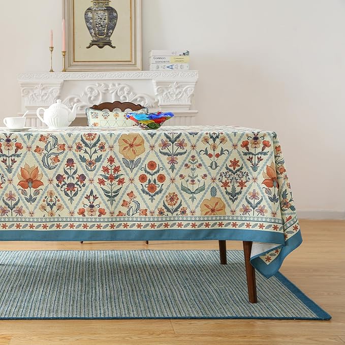 ISAENNE Designer Linen Elegant Tablecloth Rectangular,Colorful Floral Bohemian Table Cloth,Wrinkle Resistant Decor Tablecloths for Dining Thanksgiving Kitchen Party,55"*87"-Floralsea A