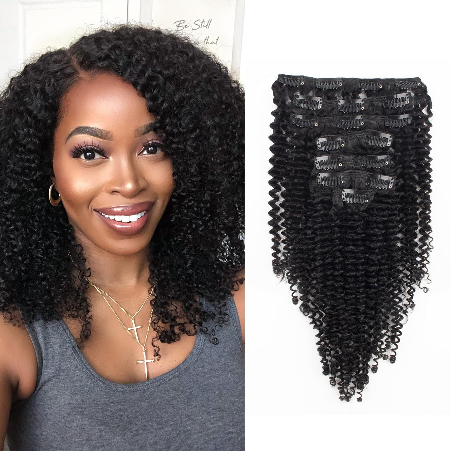 Lovrio Kinky Curly Clip in Hair Extensions, Afro 3C 4A Kinkys Curly Hair Clip ins for Women, Thick Soft 9A Brazilian Remy Human Hair Double Lace Wefts, 7Pcs 120g with 14 Inch