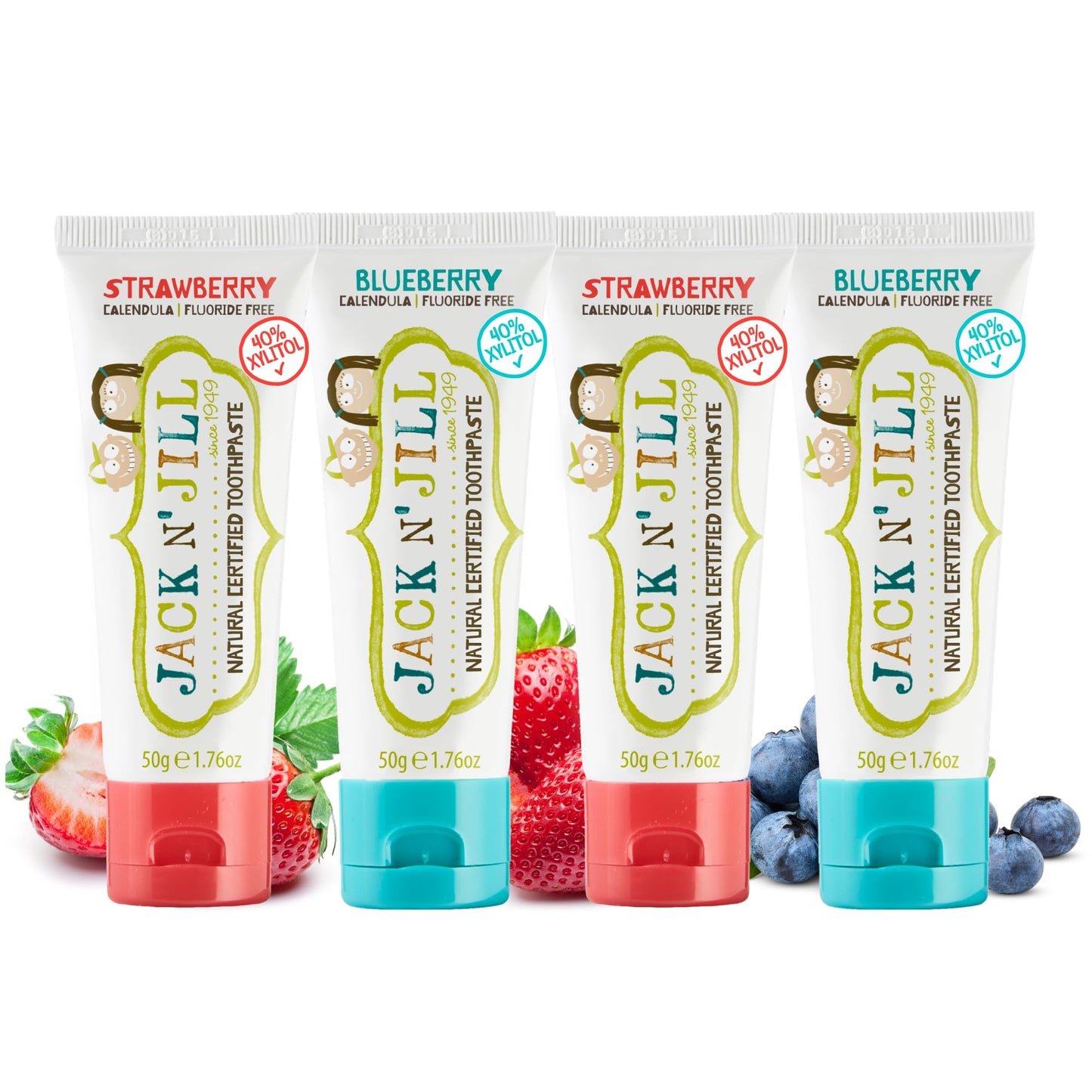 Jack N' Jill Natural Toddler Toothpaste for Baby, Kids and Infants 6 Months & Up, Fluoride Free Training Toothpaste for Toddlers 1-3, 40% Xylitol, BPA Free - Blueberry & Strawberry, 1.76 oz (4 Pack)