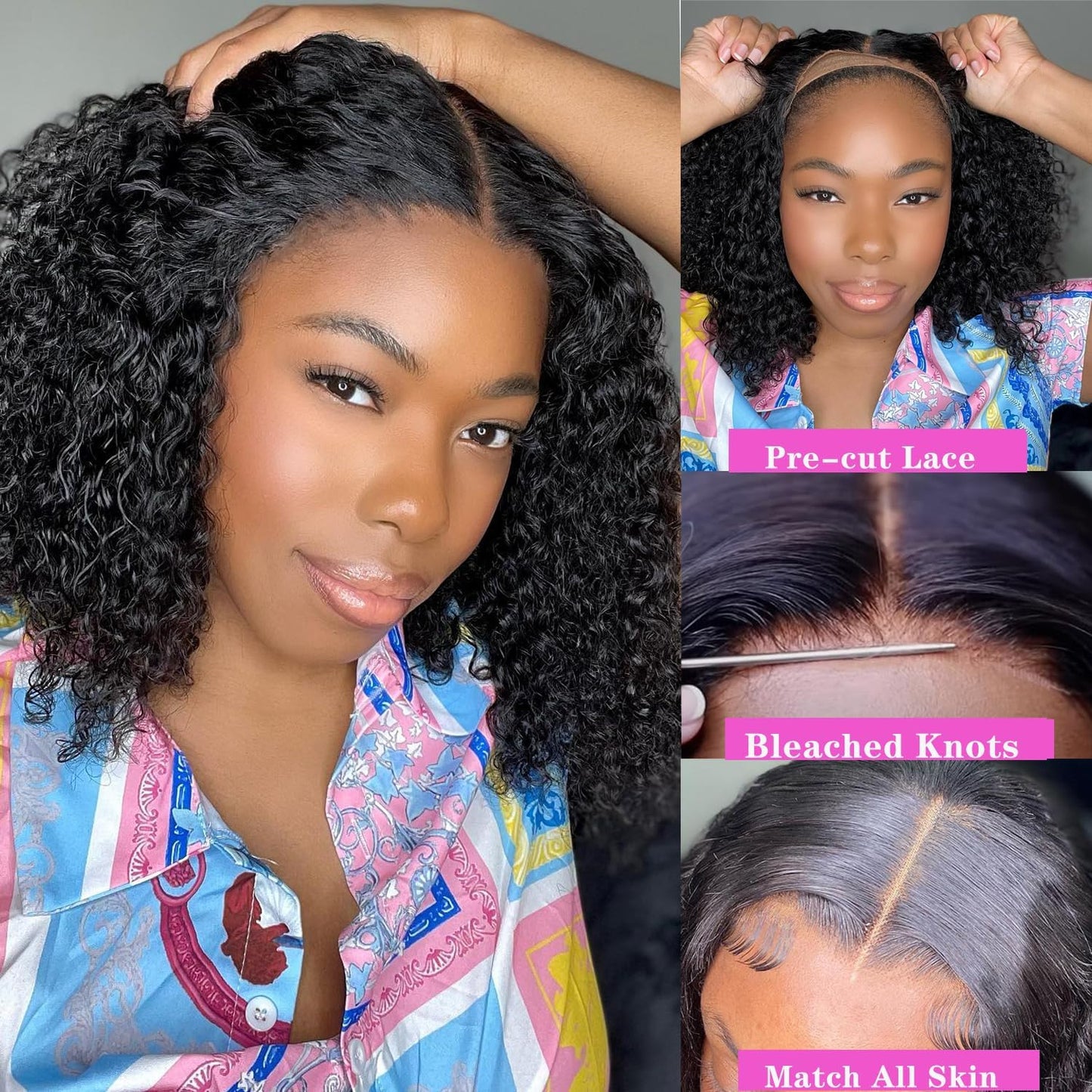 Real Wear And Go Short Curly Wig Human Hair 180% Density Black Water Wave Bob Wigs Human Hair Glueless Pre-cut 4x4 Lace Closure Wig Brazilian Human Hair 10Inch