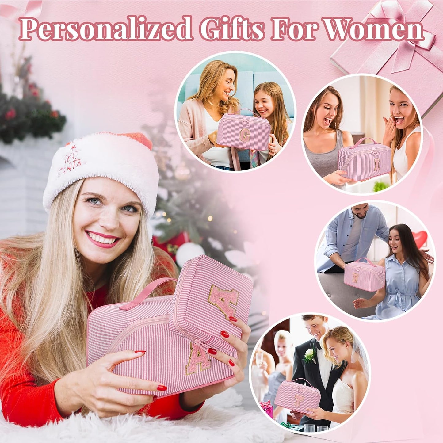Travel Makeup Bag for Women, 2Pcs Portable Personalized Initial Makeup Organizer Bag, Open Flat Large Cosmetic Bag With Travel Essential Pouch (Pink Letter C)