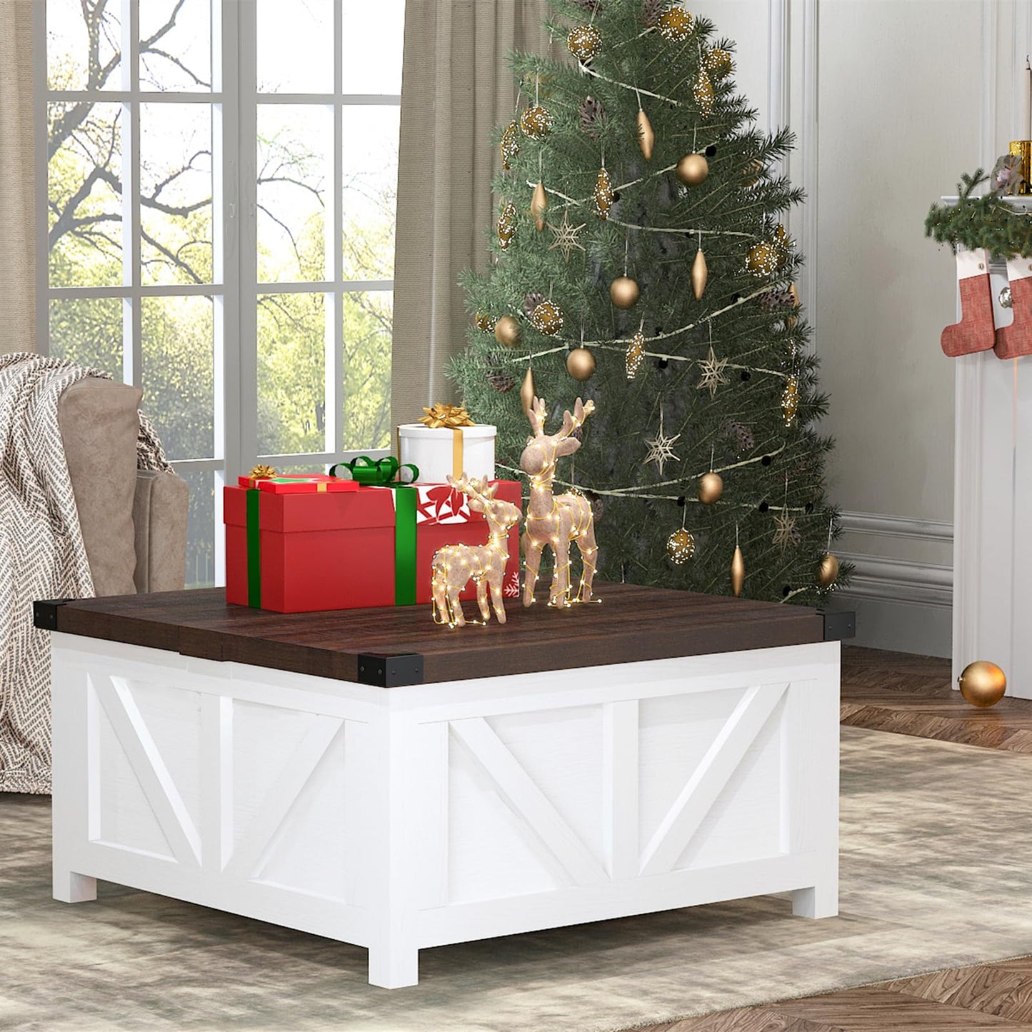 jimeimen Farmhouse Lift Top Coffee Table with Storage, Wood Square Center Table with Charging Station&USB Port, Living Room Table w/Large Hidden Space, for Living Room, Bedroom, Home Office, White