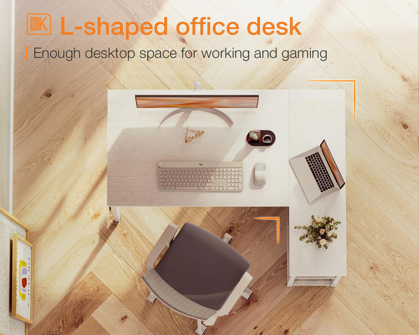 ODK 40 Inch Small L Shaped Computer Desk, Corner Desk with Reversible Storage Shelves, Modern Simple Writing Study Table with Iron Hook, White