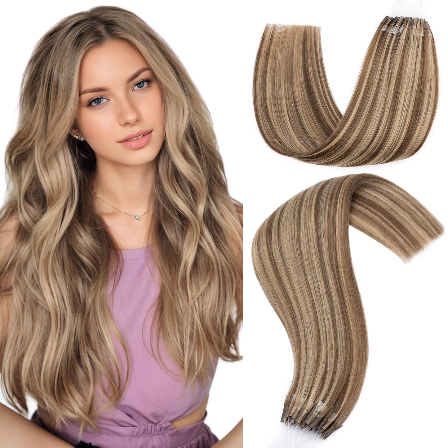 Hairro U Tip Human Hair Extensions Micro Ring Keratin Glue U-tip Hot Fusion Remy Hair Balayage Highlight Color 20 inch 50g 50 Strands #4YP27 Medium Brown Mixed with Dark Blonde