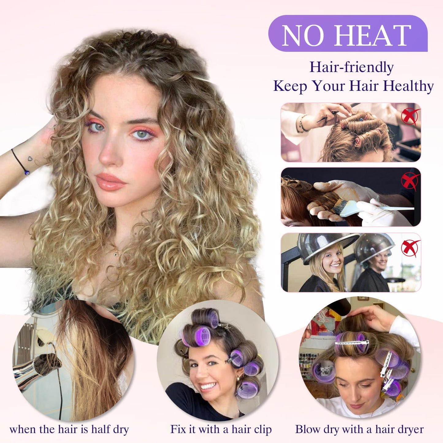 EHBELIF Jumbo Hair Rollers Set with Clips 34Pcs Rollers Hair Curlers Blowout Look Hair Roller (Purple)