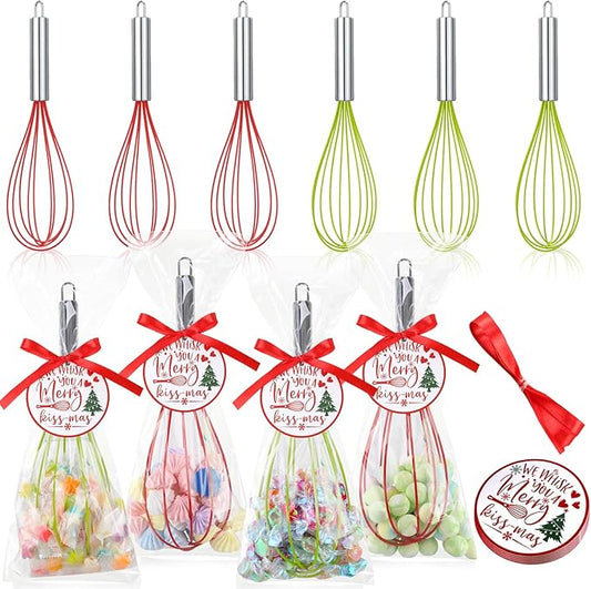 6 Sets 12 Inch Christmas Whisks Gifts DIY Fillable Christmas Tree Ornaments Xmas Colored Silicone Whisks for Cooking Heat Resistant Egg Beaters with Card Rope Bag for Candy Holder