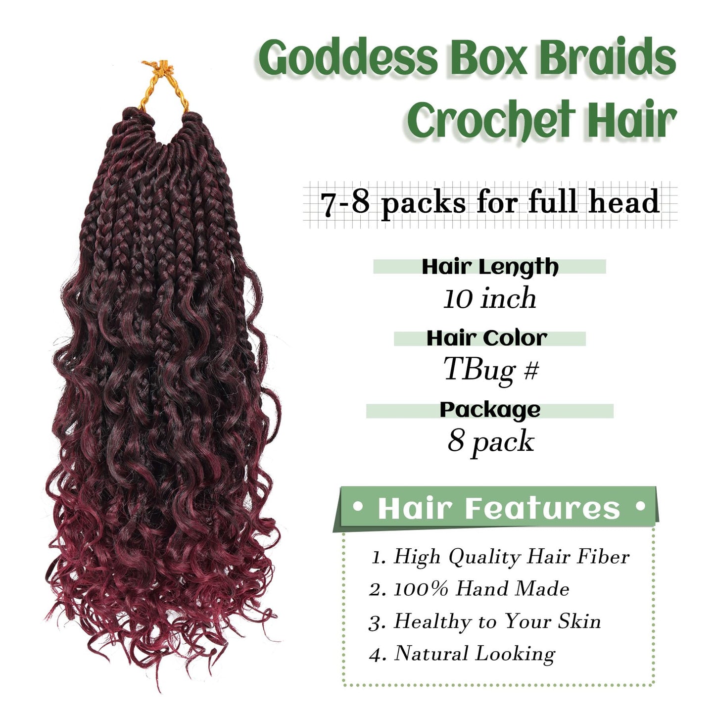 Goddess Box Braids Crochet Hair 10 Inch 8 Packs Pre-looped Bohemian Crochet Boho Box Braids With Curly Ends Red Burgundy 3X Crochet Braids Hair for Women Synthetic Braiding Hair (#1B/BUG)
