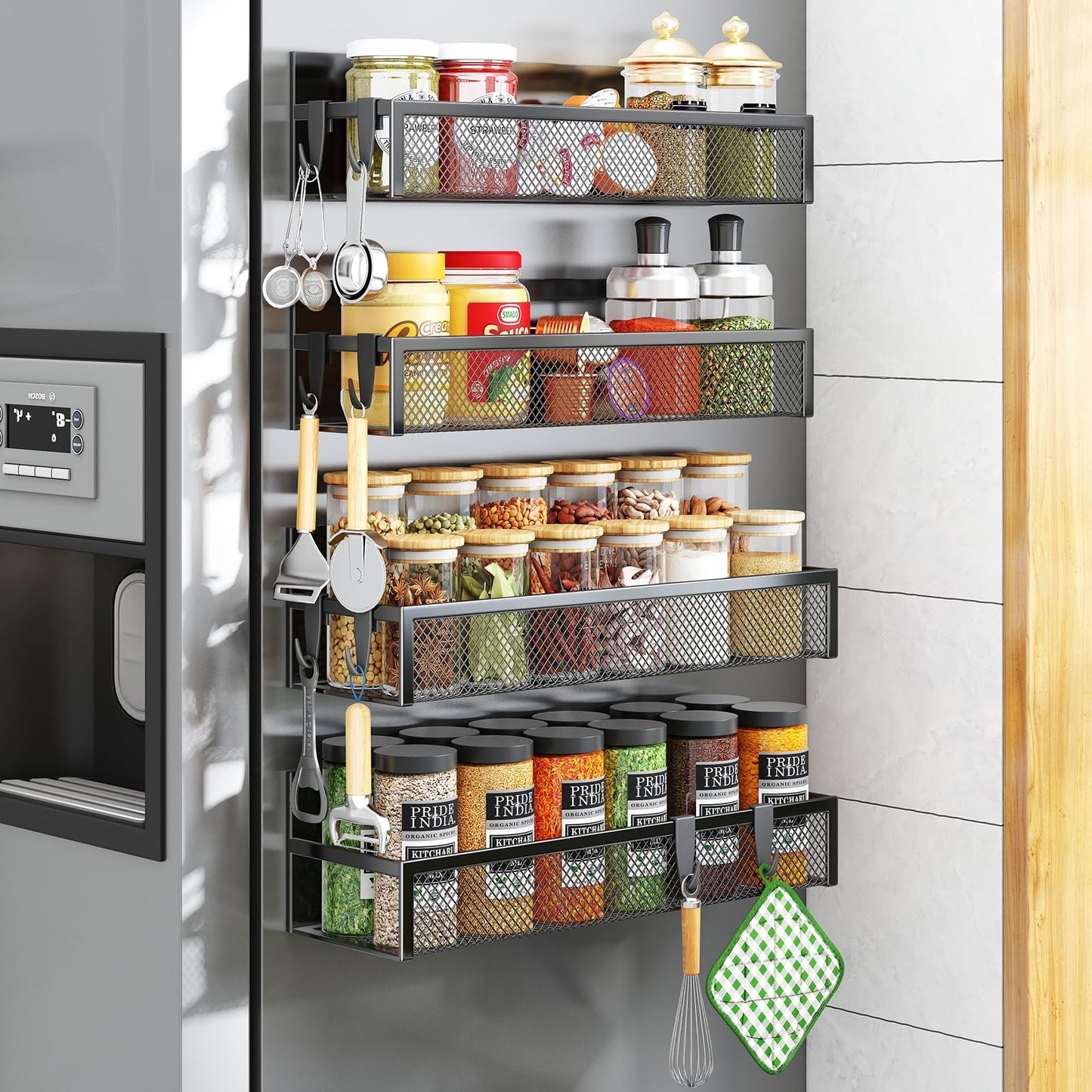 Aufworld Magnetic Spice Rack for Refrigerator, 4 Pack Magnetic Shelf, Fridge Magnet Organizer with Moveable 8 Hooks, Magnetic Fridge Shelf for Kitchen Organization and Storage (4 Pack)