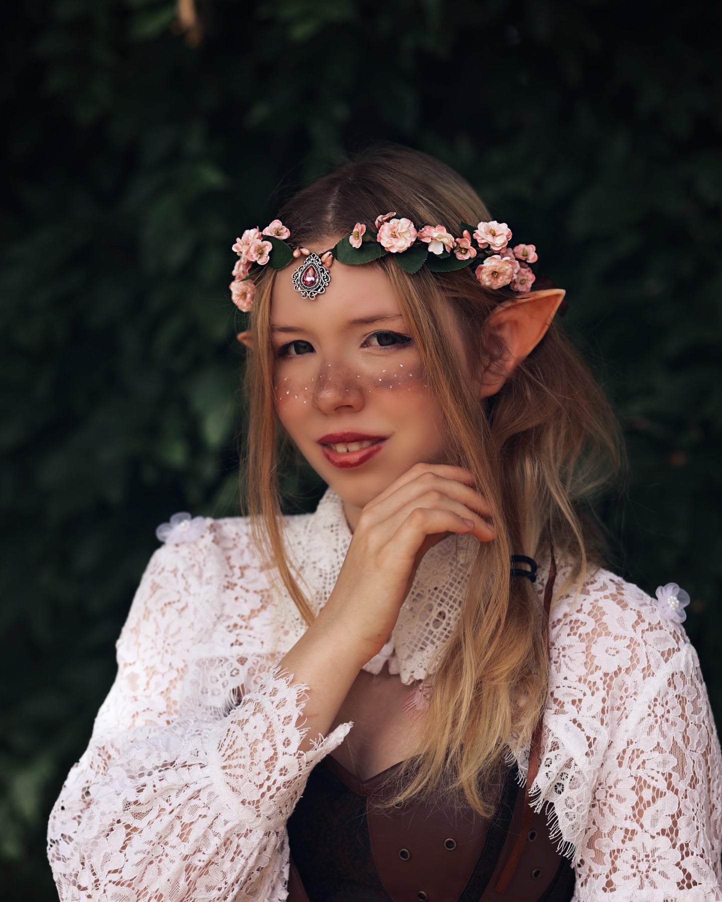 MOSTORY Pink Elf Flower Crown - Handmade Fairy Floral Headband Woodland Circlet Forest Tiara for Women Renaissance Renfaire Halloween Cosplay Photo Shoot