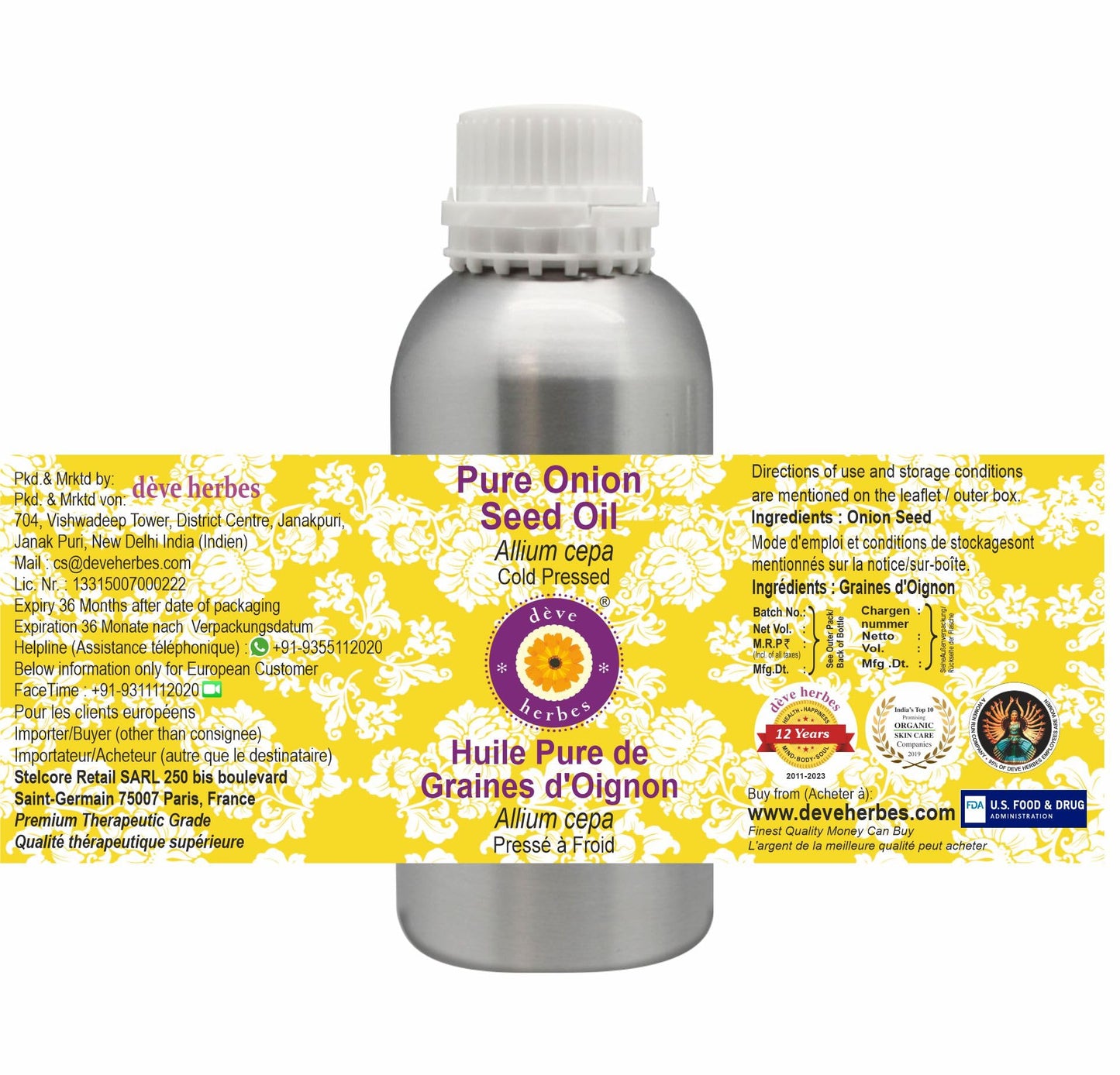 Deve Herbes Pure Onion Seed Oil (Allium cepa) Cold Pressed 630ml (21 oz)