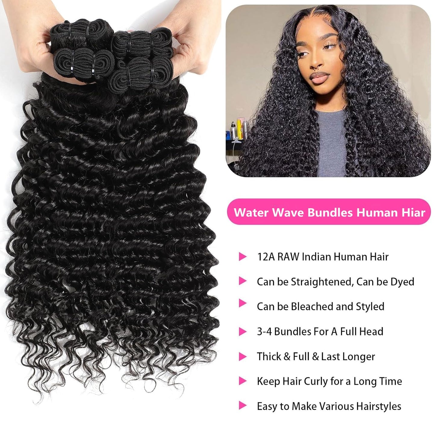 Ladiaryf Water Wave Bundles Human Hair Water Wave 3 Bundles Soft Brazilian Virgin Human Hair Bundles 100% Unprocessed Thick Wet and Wavy Hair Bundles Natural Black 300g 14 16 18 Inch