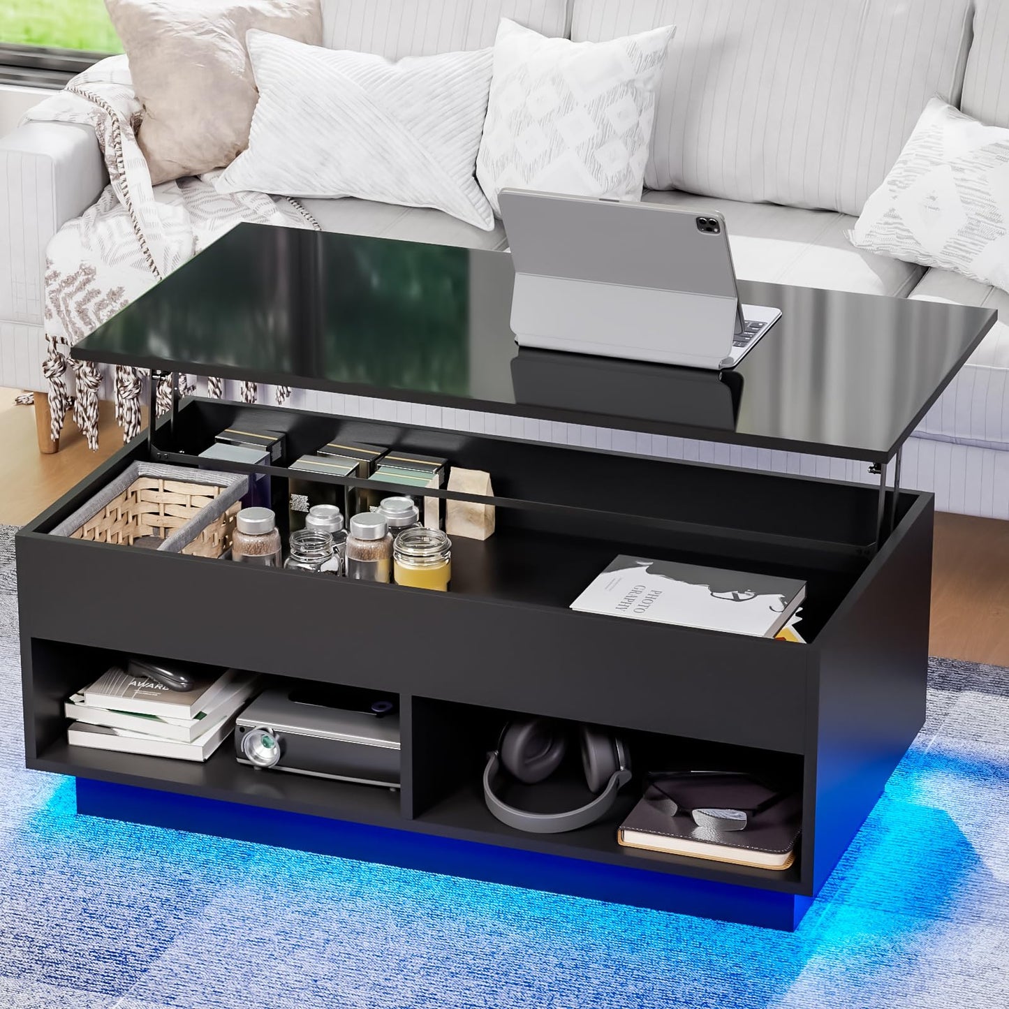 HOMMPA 40" Modern LED Coffee Table with Storage for Living Room, Lift Top Coffee Table with 2 Shelves, High Glossy Wooden Dining Table, Multifunctional Furniture for Bedroom Home Office, Black