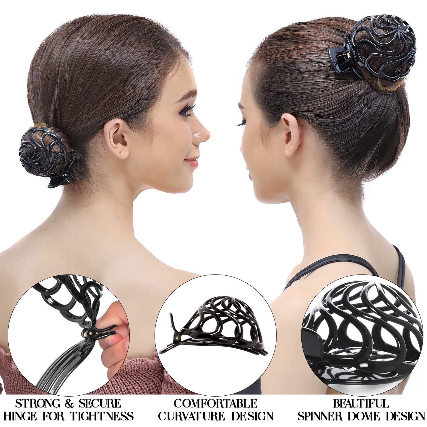 RC ROCHE ORNAMENT 6 Pcs Womens Shell Dome Round Circle Stylish Plastic Strong Grip Hinge Side Slide Bun Maker Clips Girls Beauty Accessory Hair Clip, Large Black