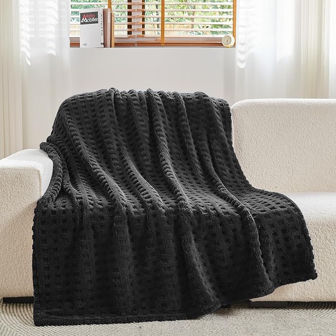 NEWCOSPLAY Super Soft Throw Blanket Black Premium Silky Flannel Fleece 3D Waffle Checkered Lightweight Bed Blanket All Season Use (Black, Throw(50"x70"))