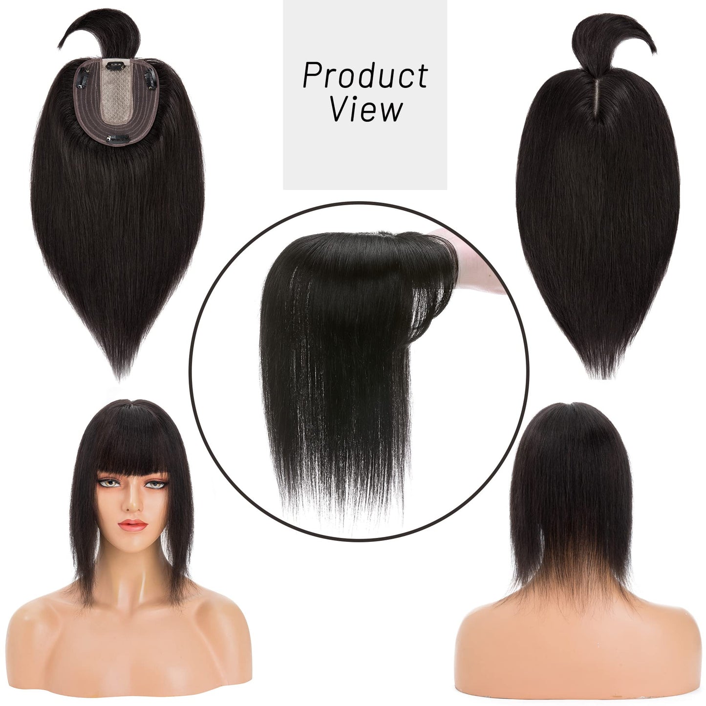 S-noilite 130% Density Human Hair Toppers with Bangs Hand Tied Silk Base Clip In Topper Top Hair Pieces For Women with Thinning Hair/Hair Loss Cover Gray Hair 10Inch 35g-Natural Black