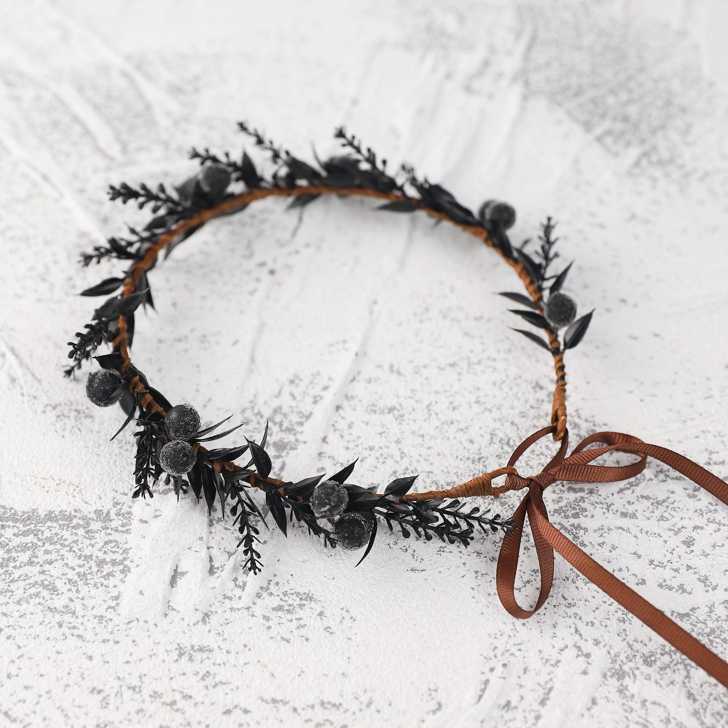 KorViSHOW Handmade Black Flower Crown - Adjustable Black Floral Headband Renaissance Hair Accessories Elf Headpiece Boho Garland for Women Girls Renaissance Festival Photography Props