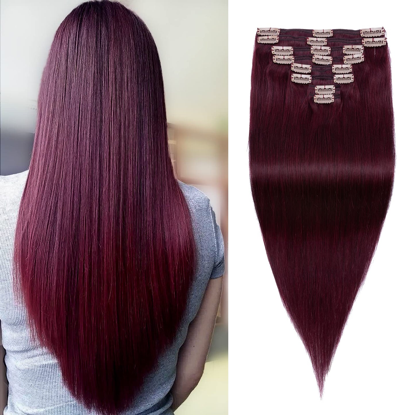 MY-LADY Double Weft 100% Clip in Remy Human Hair Extensions #99J Wine Red 10''-24'' Full Head Thick Long Soft Silky Straight 8pcs 18clips for Women 16 inch 130g