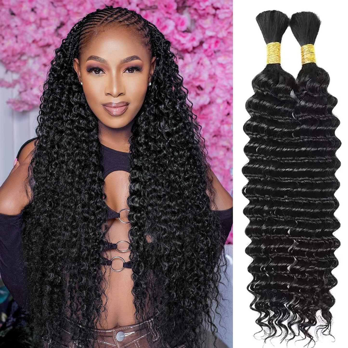 Human Hair Braiding Hair 100% Human Hair Deep Wave Braiding Hair Curly Human Hair Extensions for Boho Braids 2 Braids Per Pack 100g 24 Inch No Weft Boho Human 1B Braiding Hair Extensions