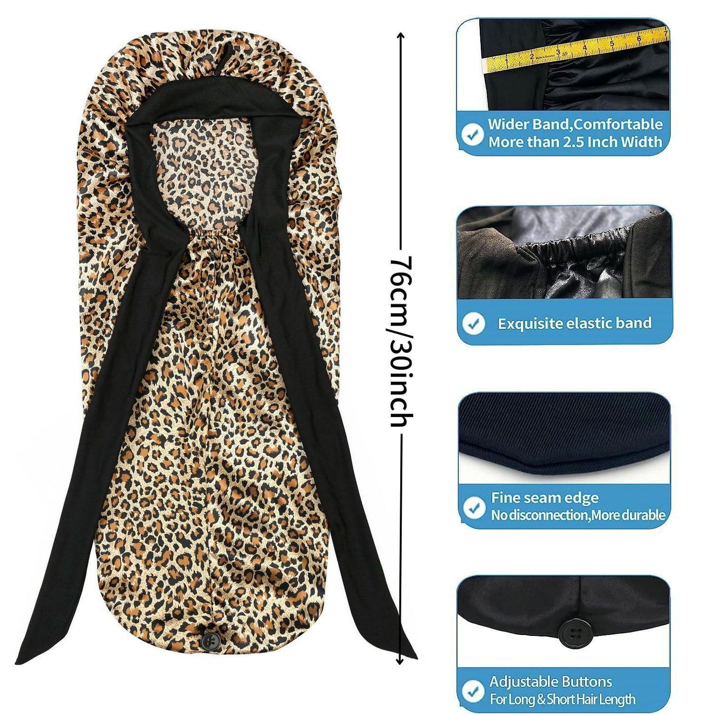 Isshin Beauty Satin Silk Bonnet Hair Cap: Long Bonnets with Elastic Tie Band Adjustable Straps Jumbo Size (Leopard)