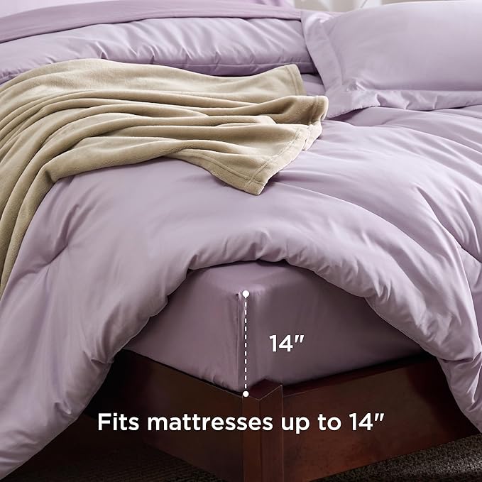 Bedsure Queen Comforter Set Grayish Purple, 8 Pieces Prewashed Queen Size Bed in a Bag with Soft Fleece Bed Blanket, Down Alternative Bedding Set for All Seasons, Sheets, Pillowcases & Shams