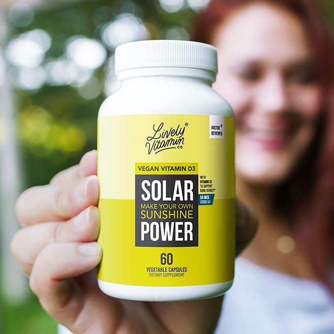 LIVELY VITAMIN CO. Solar Power Vitamin D3 2000 iu - Patented Vitamin K - MK7 - Immune Balance - Brain Function - Mood - Heart - Stress - 60 Count