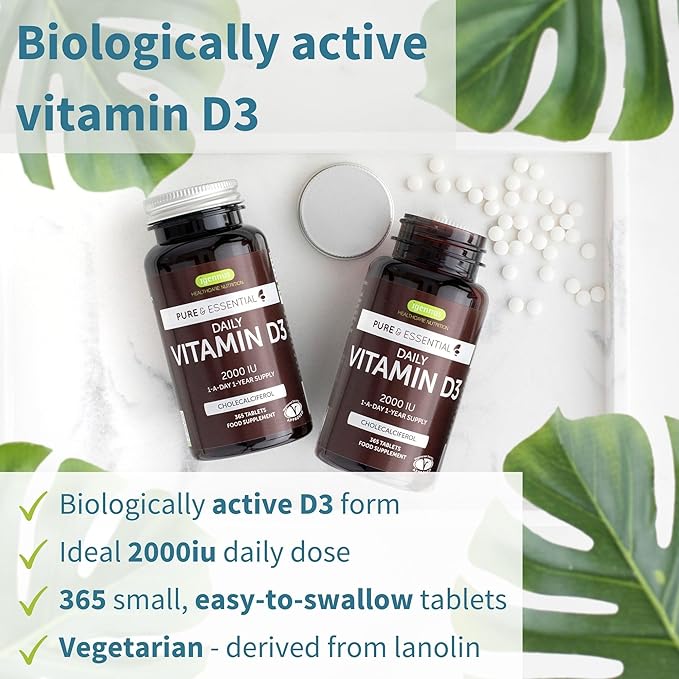 Daily Vitamin D3 + Ashwagandha+ L-Theanine & Magnesium Vegetarian Bundle, 365 2000iu Vitamin D3 Tablets + 600mg KSM-66 Ashwagandha with Zinc & B Vitamins, by Igennus